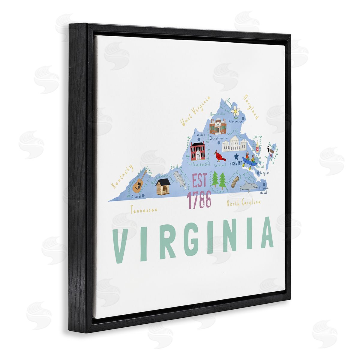 Carla Daly Virginia State Educational Map Black Floating Frame Canvas Wall Art Print