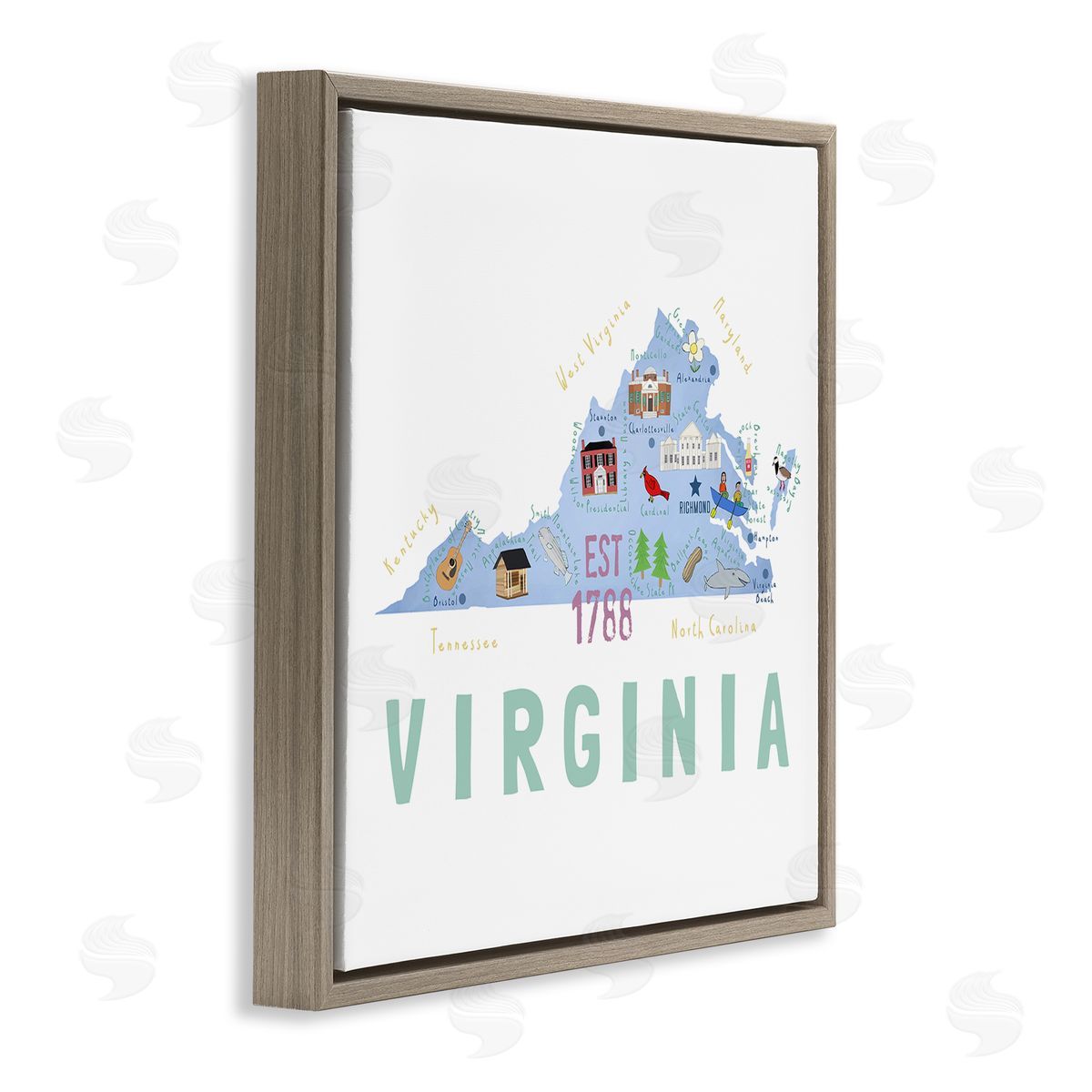 Carla Daly Virginia State Educational Map Brown Floating Frame Canvas Wall Art Print