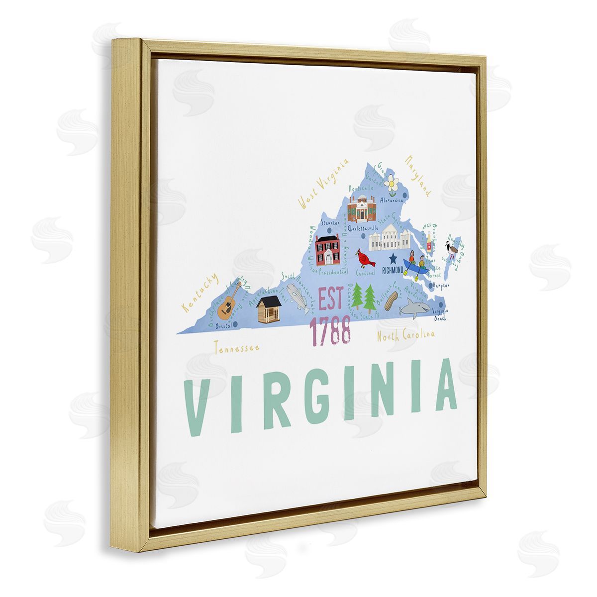 Carla Daly Virginia State Educational Map Gold Floating Frame Canvas Wall Art Print
