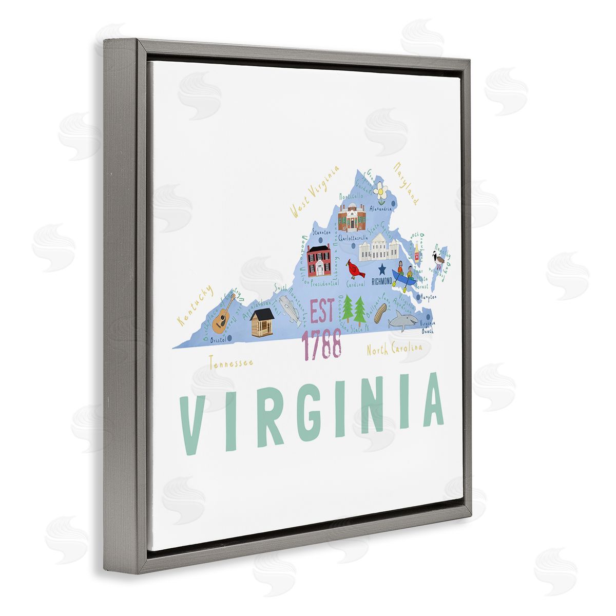 Carla Daly Virginia State Educational Map Gray Floating Frame Canvas Wall Art Print