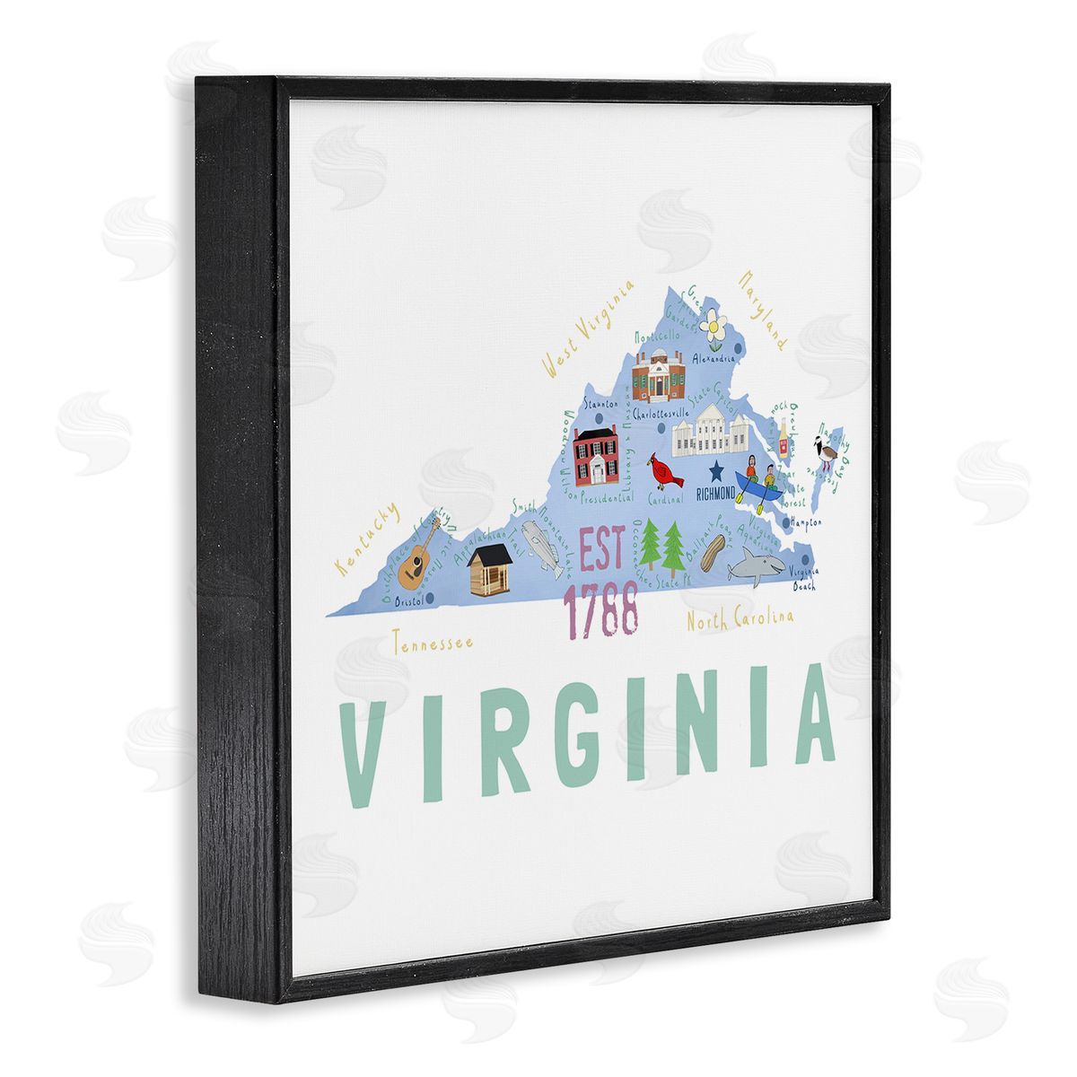 Carla Daly Virginia State Educational Map Black Framed Glicee Wall Art Print
