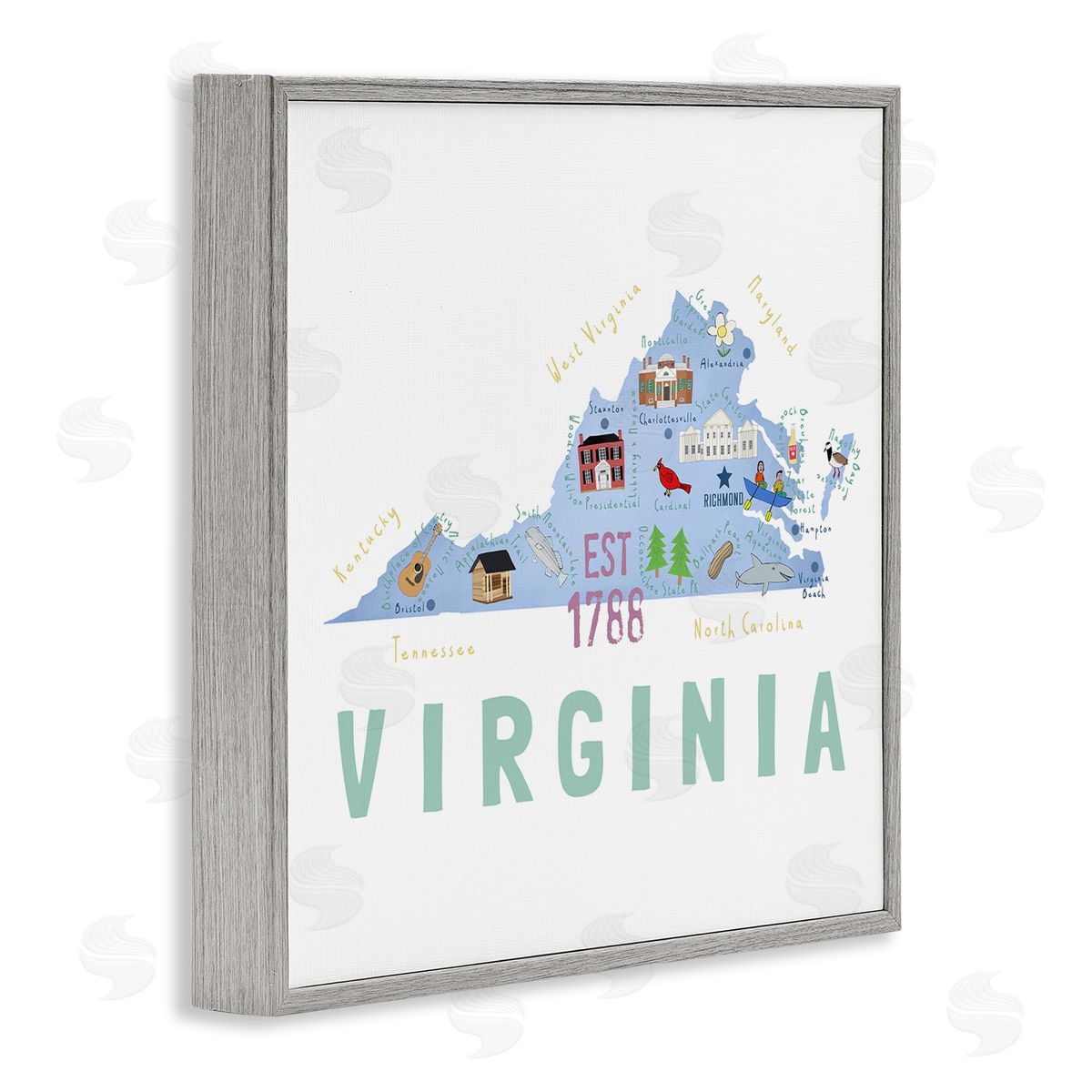 Carla Daly Virginia State Educational Map Gray Framed Glicee Wall Art Print