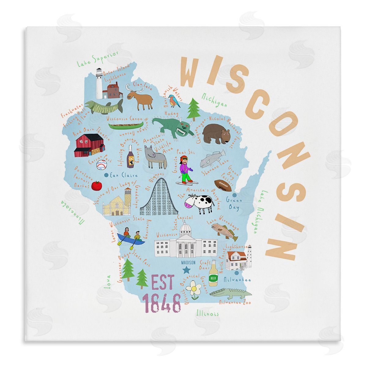 Carla Daly Wisconsin Sights Landmark Doodles  Stretched Canvas Wall Art Print