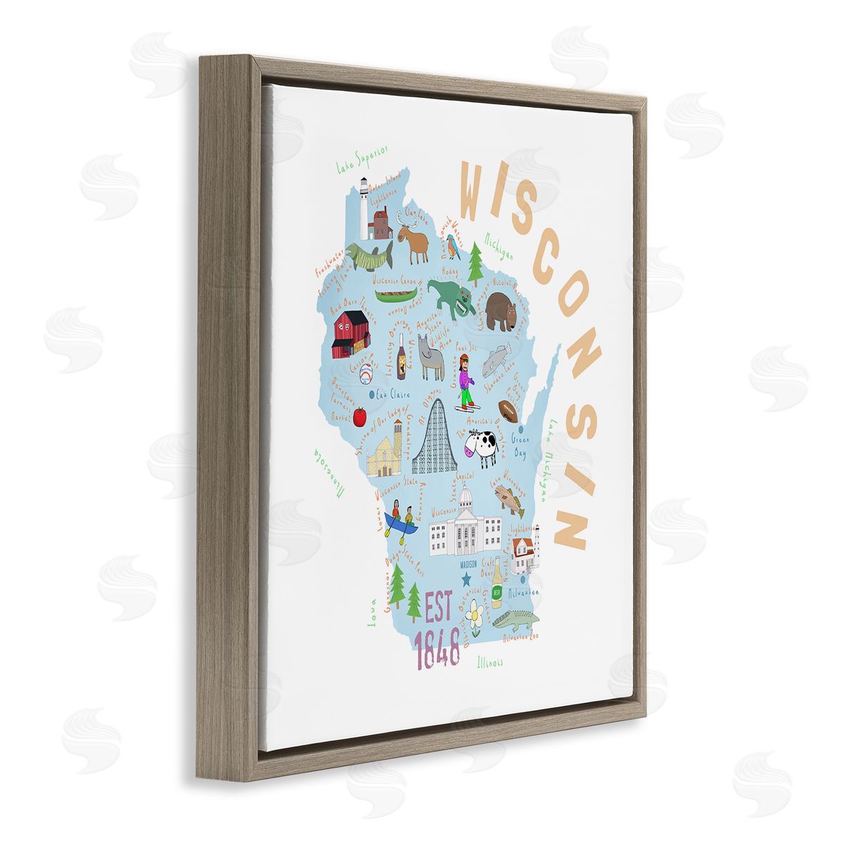 Carla Daly Wisconsin Sights Landmark Doodles  Brown Floating Frame Canvas Wall Art Print