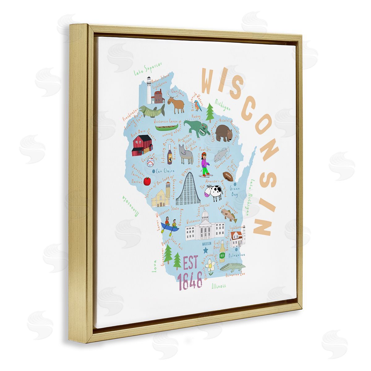 Carla Daly Wisconsin Sights Landmark Doodles  Gold Floating Frame Canvas Wall Art Print