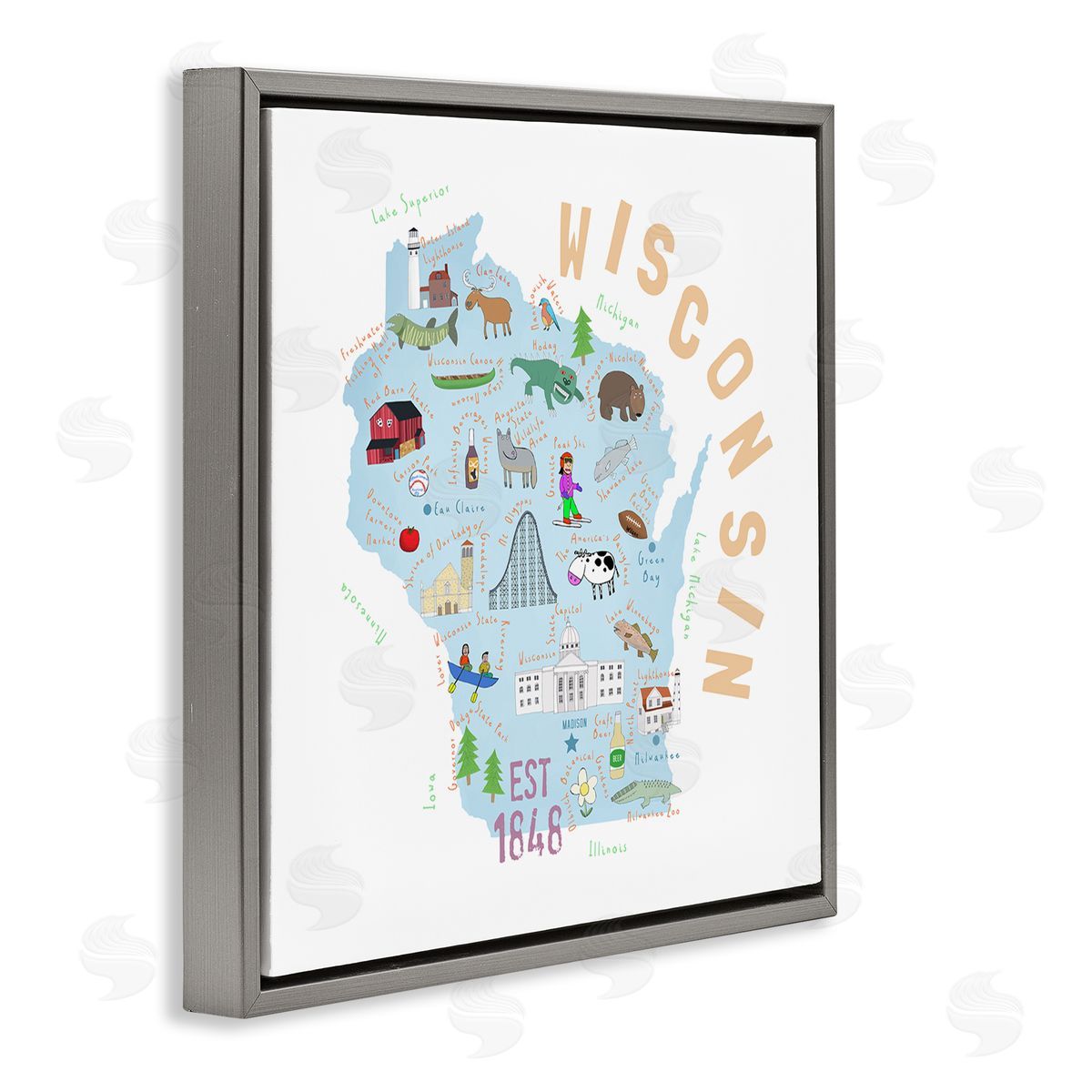 Carla Daly Wisconsin Sights Landmark Doodles  Gray Floating Frame Canvas Wall Art Print
