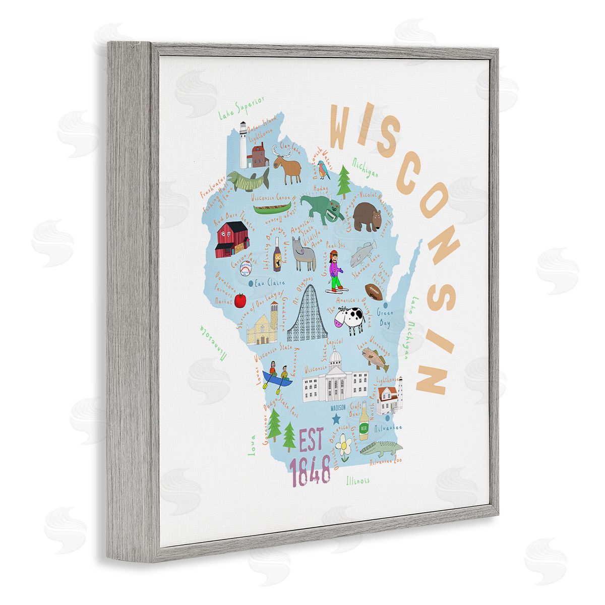 Carla Daly Wisconsin Sights Landmark Doodles  Gray Framed Glicee Wall Art Print