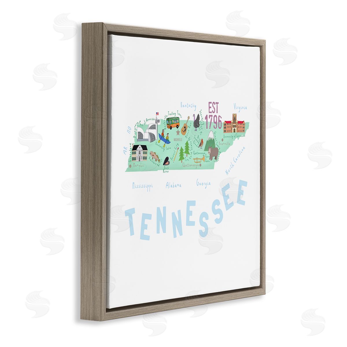 Carla Daly Tennessee Visual State Map Brown Floating Frame Canvas Wall Art Print