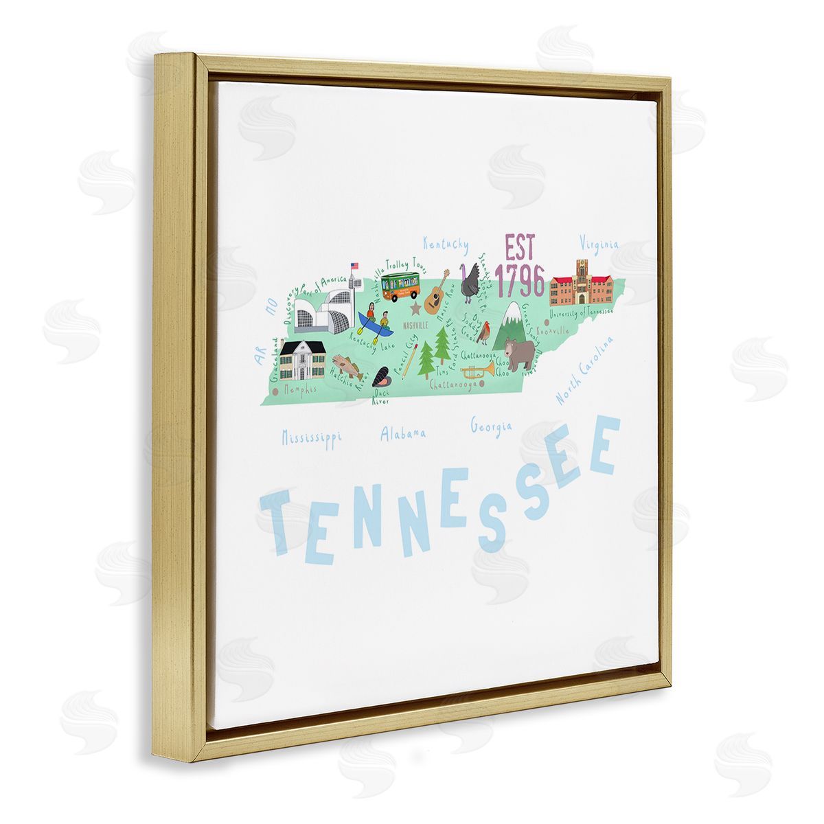 Carla Daly Tennessee Visual State Map Gold Floating Frame Canvas Wall Art Print
