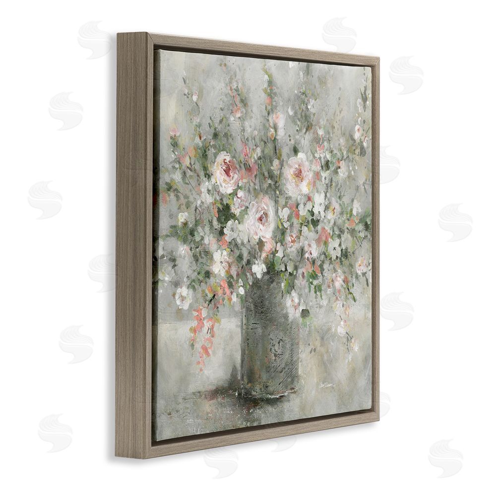 Carol Robinson Soft Pink Blooms Farmhouse Bouquet Brown Floating Frame Canvas Wall Art Print