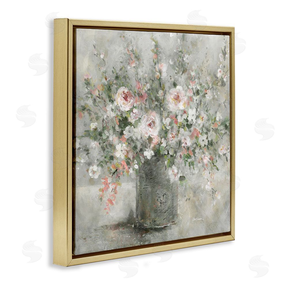 Carol Robinson Soft Pink Blooms Farmhouse Bouquet Gold Floating Frame Canvas Wall Art Print