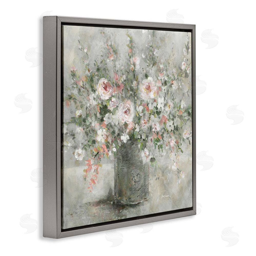 Carol Robinson Soft Pink Blooms Farmhouse Bouquet Gray Floating Frame Canvas Wall Art Print