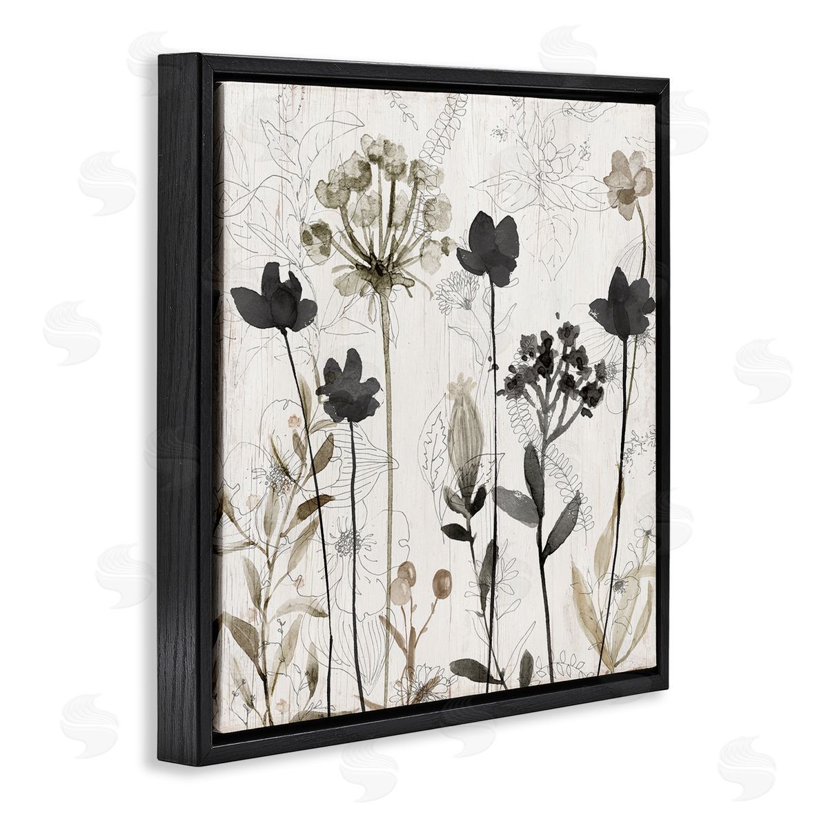 Abstract Overlapping Flower Sprigs Black Floating Frame Canvas Wall Art, Home Decor by Livi Finn