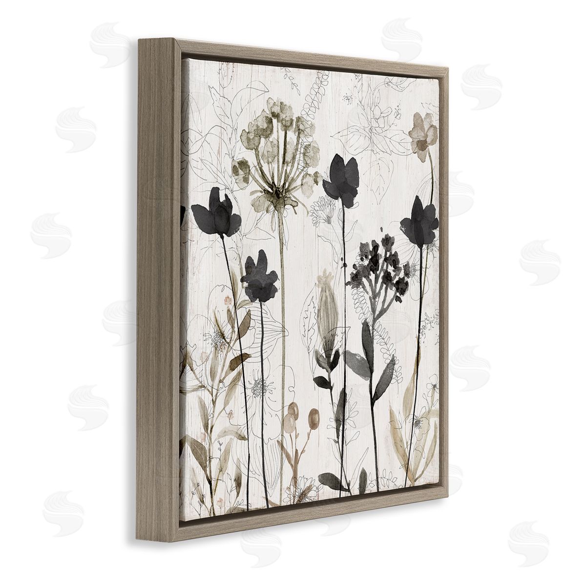 Abstract Overlapping Flower Sprigs Brown Floating Frame Canvas Wall Art, Home Decor by Livi Finn