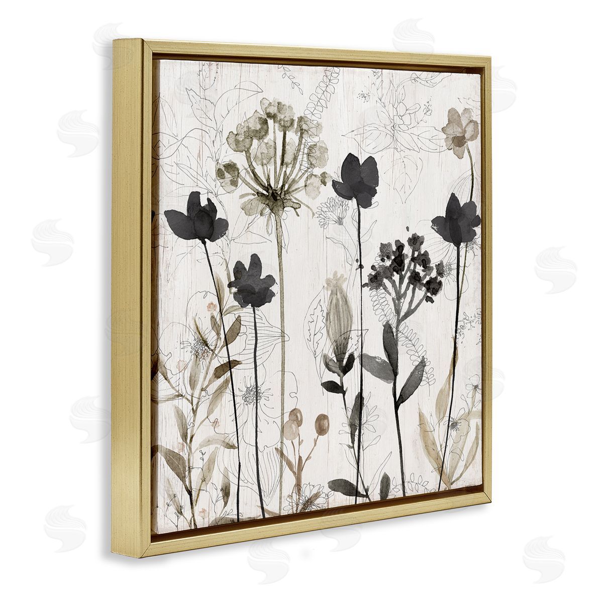 Abstract Overlapping Flower Sprigs Gold Floating Frame Canvas Wall Art, Home Decor by Livi Finn
