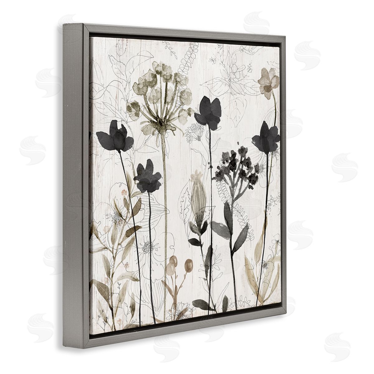 Abstract Overlapping Flower Sprigs Grey Floating Frame Canvas Wall Art, Home Decor by Livi Finn