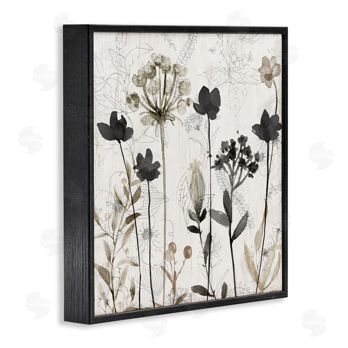 Abstract Overlapping Flower Sprigs Black Frame Print Wall Art, Home Decor by Livi Finn