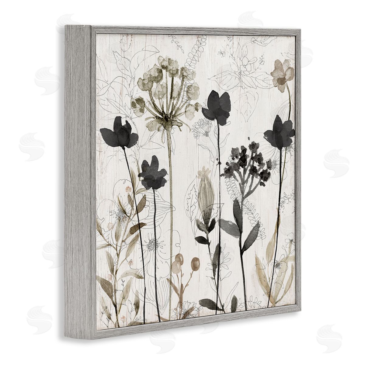 Abstract Overlapping Flower Sprigs Grey Frame Print Wall Art, Home Decor by Livi Finn