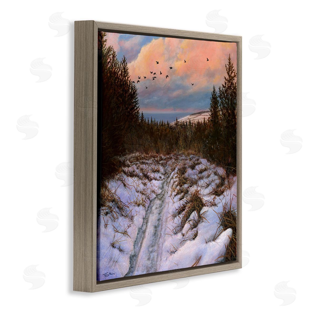 Jeremy Paul Snowy Coastal Nature Trail Brown Floating Frame Canvas Wall Art Print