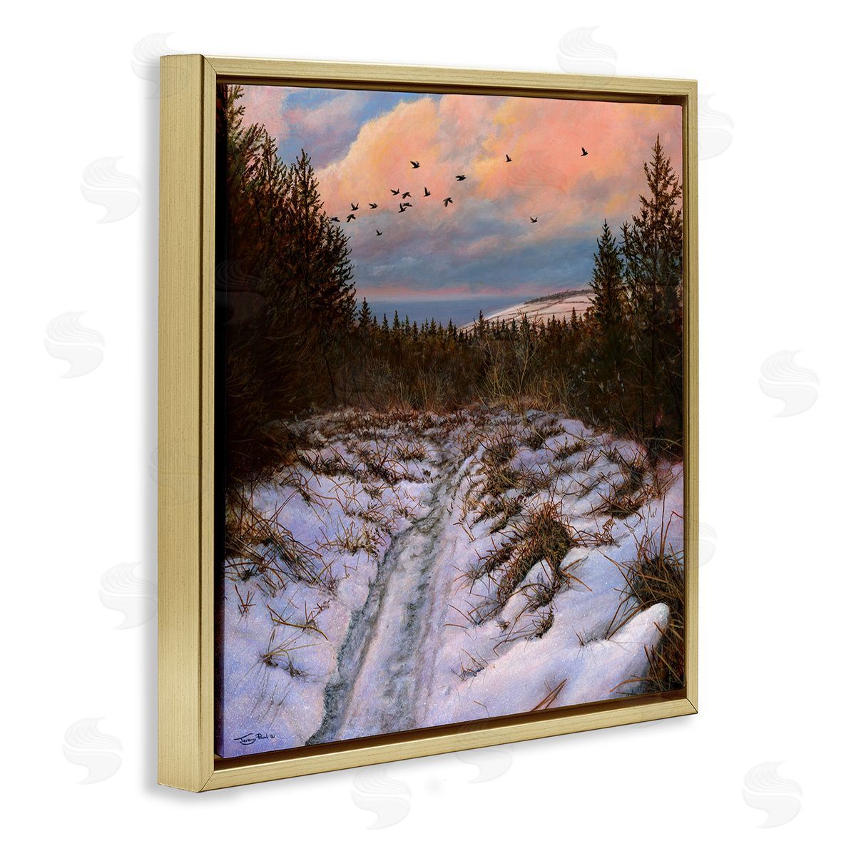 Jeremy Paul Snowy Coastal Nature Trail Gold Floating Frame Canvas Wall Art Print
