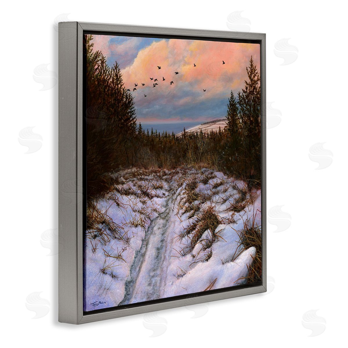 Jeremy Paul Snowy Coastal Nature Trail Gray Floating Frame Canvas Wall Art Print