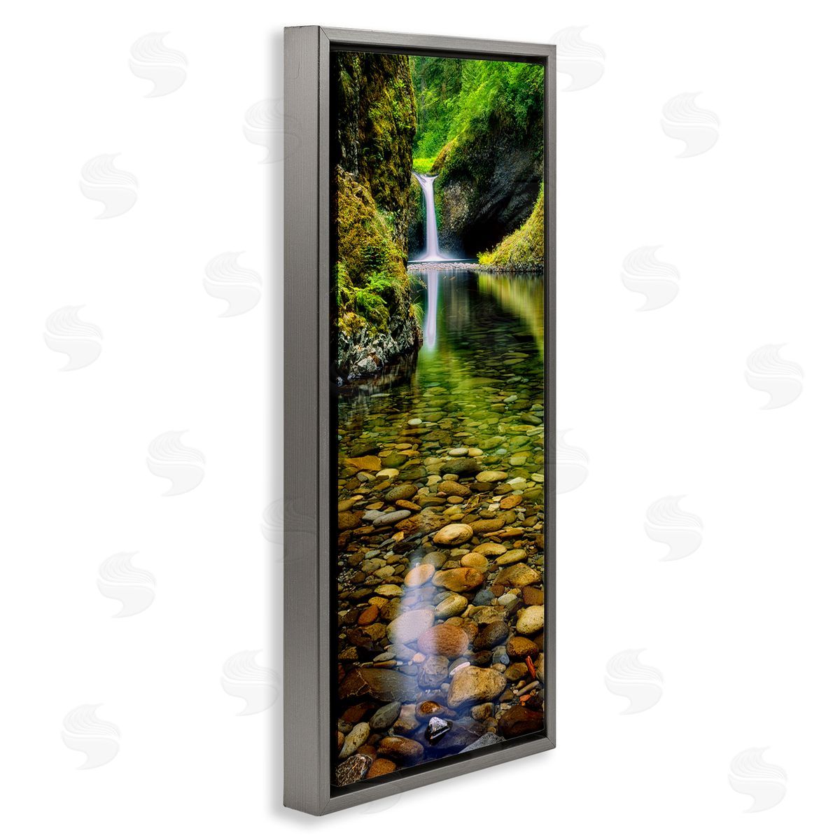 Clear Stream Waterfall Photography Grey Floating Frame Canvas Wall Art, Home Decor by Dennis Frates