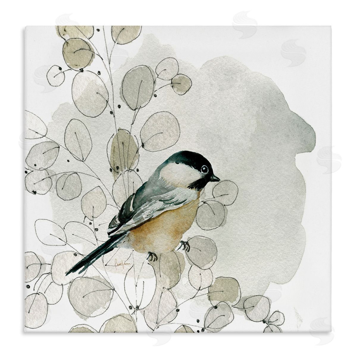 Livi Finn Finch Bird Perched Soft Botanicals Stretched Canvas Wall Art Print
