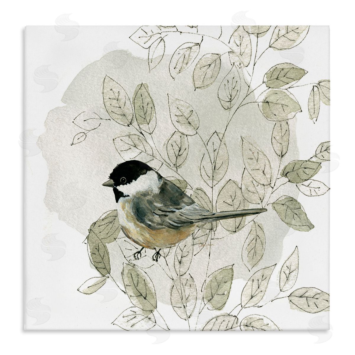 Livi Finn Bird Perched Soft Cottage Plant Stretched Canvas Wall Art Print