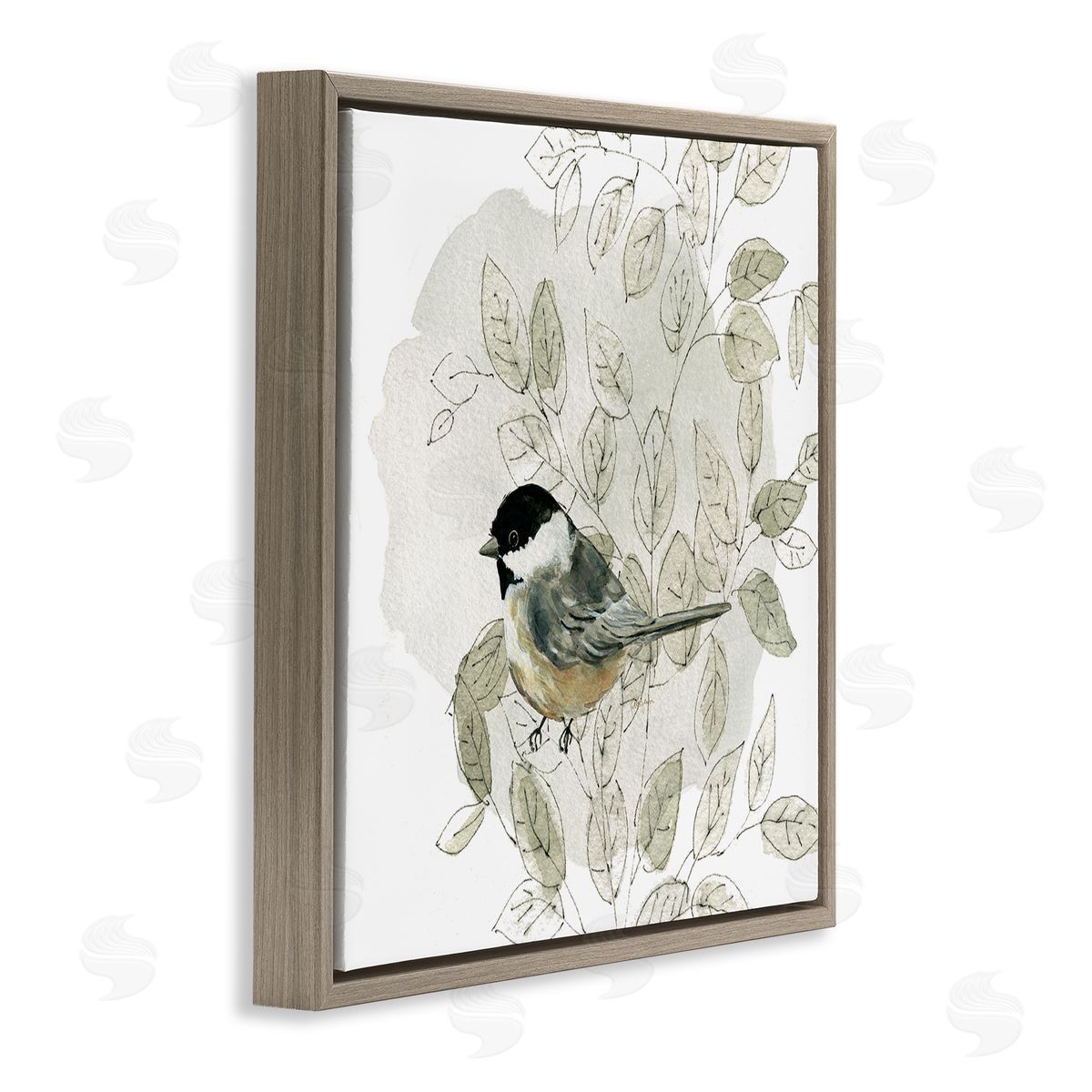 Livi Finn Bird Perched Soft Cottage Plant Brown Floating Frame Canvas Wall Art Print
