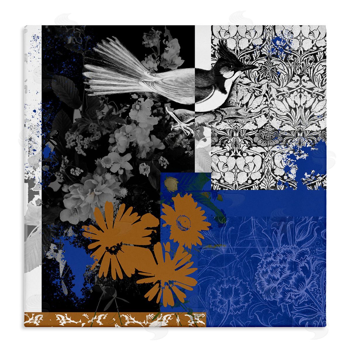 Melissa Wang Damask Patterned Jay Bird Collage Stretched Canvas Wall Art Print