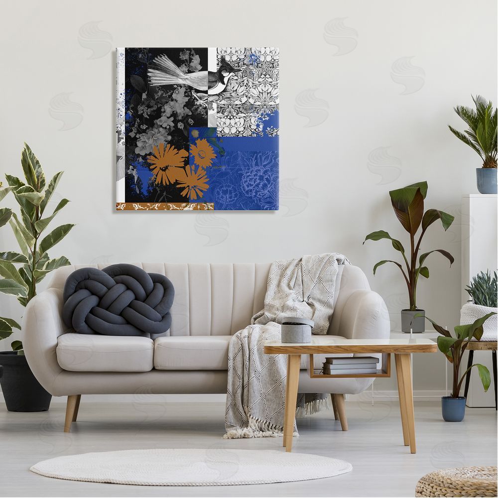 Melissa Wang Damask Patterned Jay Bird Collage Canvas Wall Art in Room