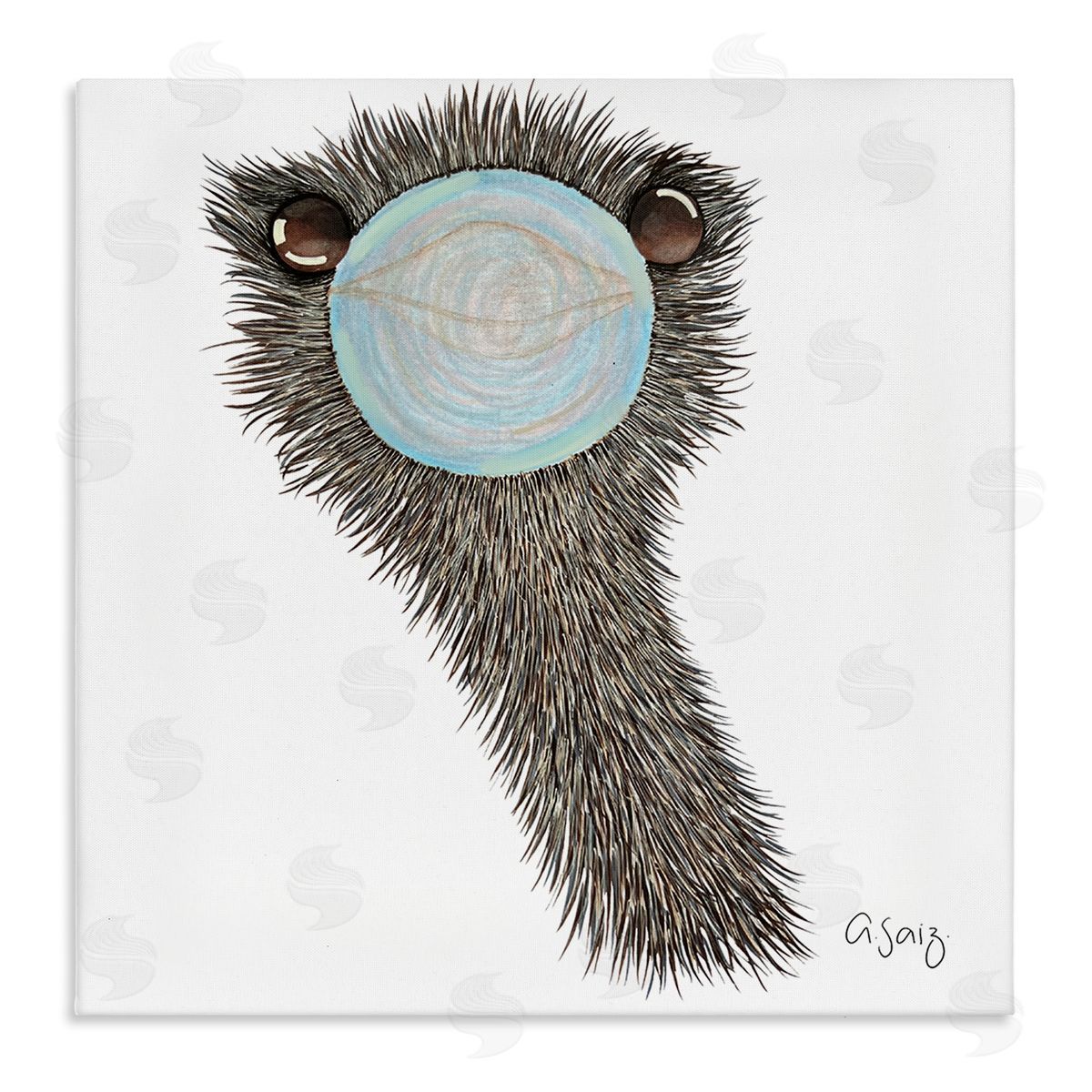 Ale Saiz Studio Funny Ostrich Blowing Bubblegum  Stretched Canvas Wall Art Print