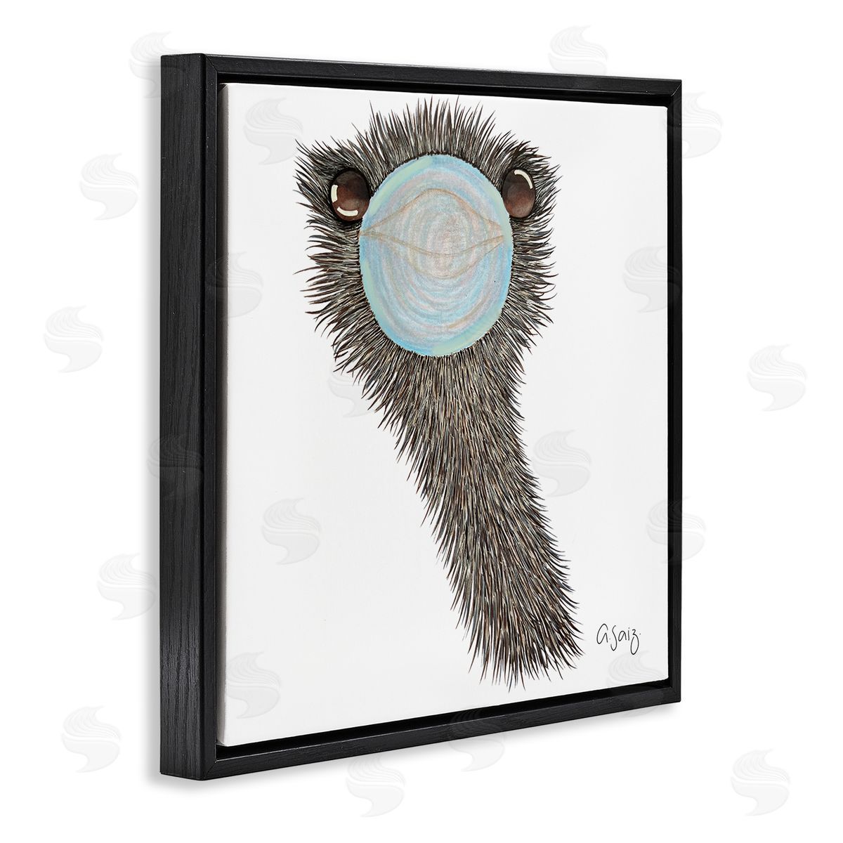 Ale Saiz Studio Funny Ostrich Blowing Bubblegum  Black Floating Frame Canvas Wall Art Print