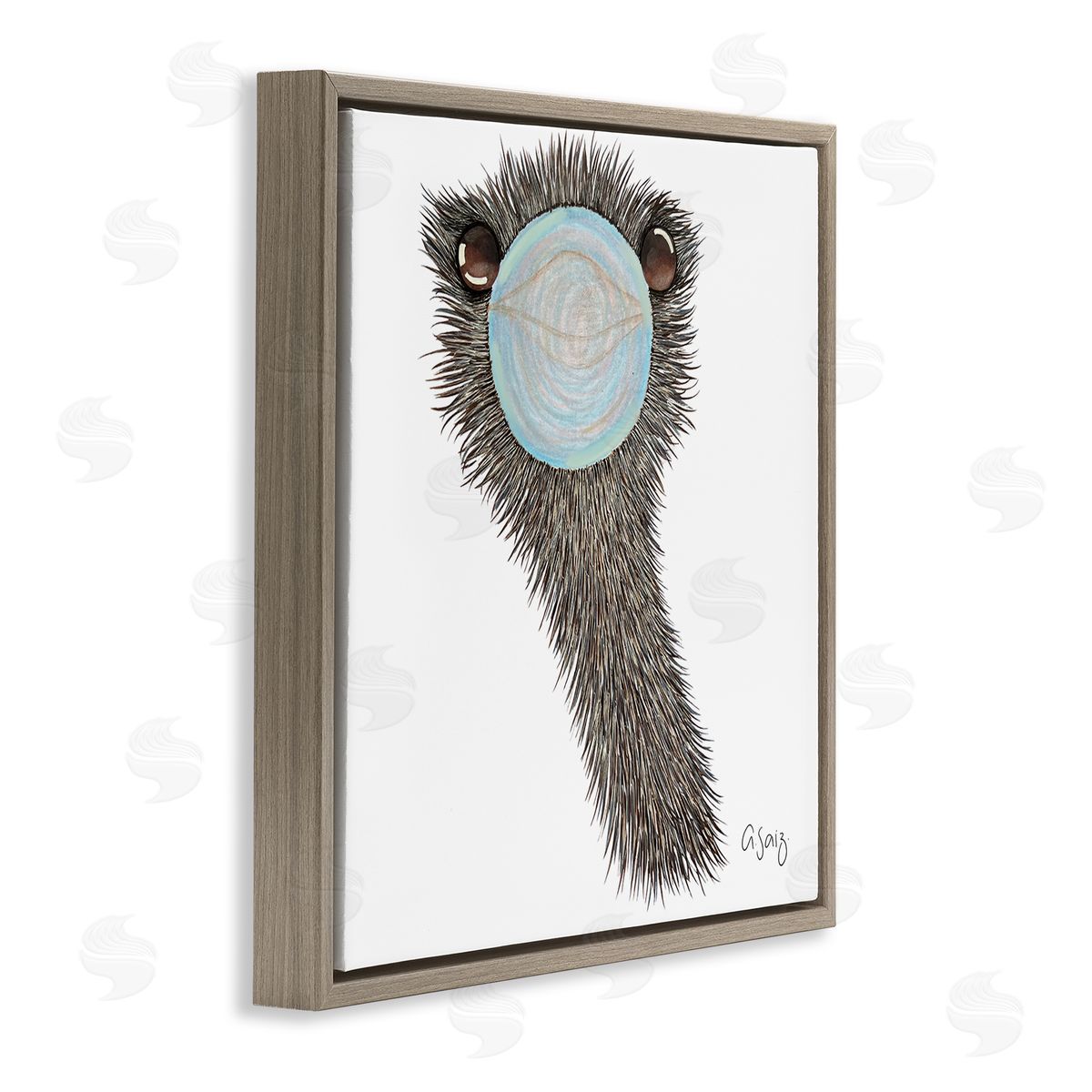 Ale Saiz Studio Funny Ostrich Blowing Bubblegum  Brown Floating Frame Canvas Wall Art Print
