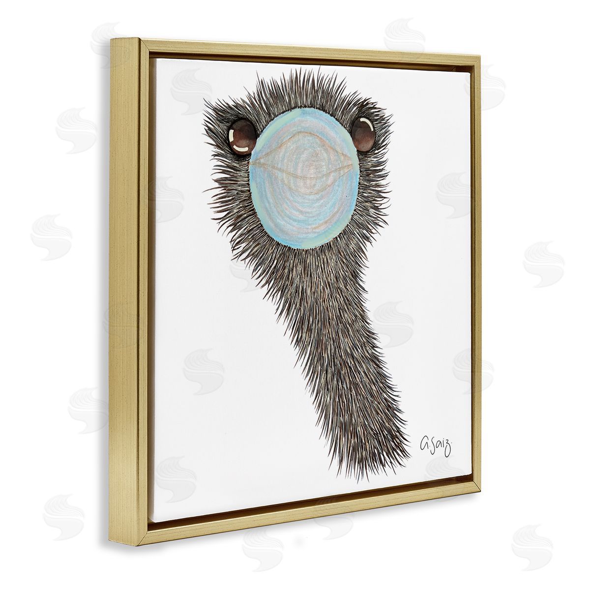 Ale Saiz Studio Funny Ostrich Blowing Bubblegum  Gold Floating Frame Canvas Wall Art Print
