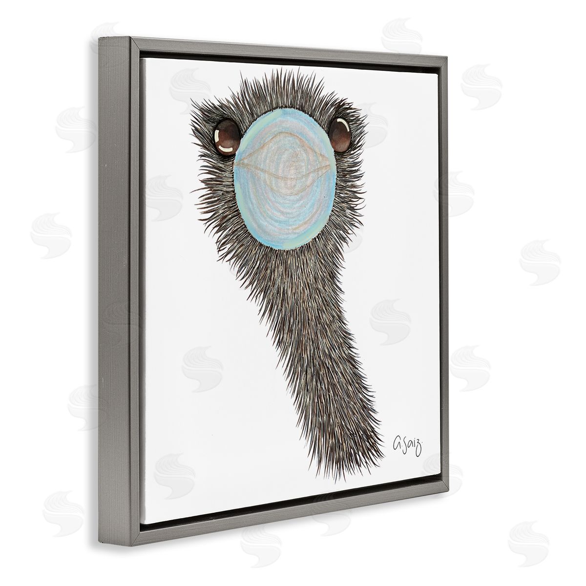 Ale Saiz Studio Funny Ostrich Blowing Bubblegum  Gray Floating Frame Canvas Wall Art Print
