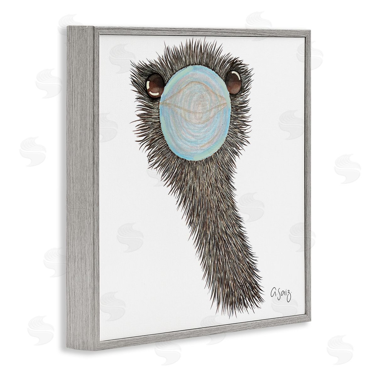 Ale Saiz Studio Funny Ostrich Blowing Bubblegum  Gray Framed Glicee Wall Art Print