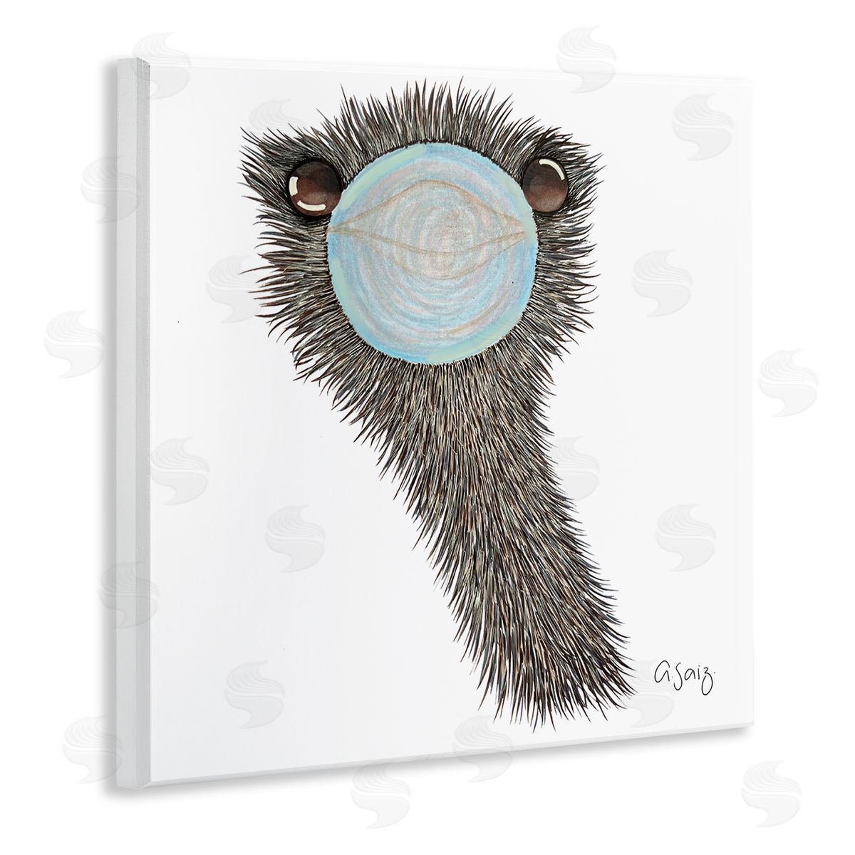 Ale Saiz Studio Funny Ostrich Blowing Bubblegum  Wooden Wall Plaque Art Print