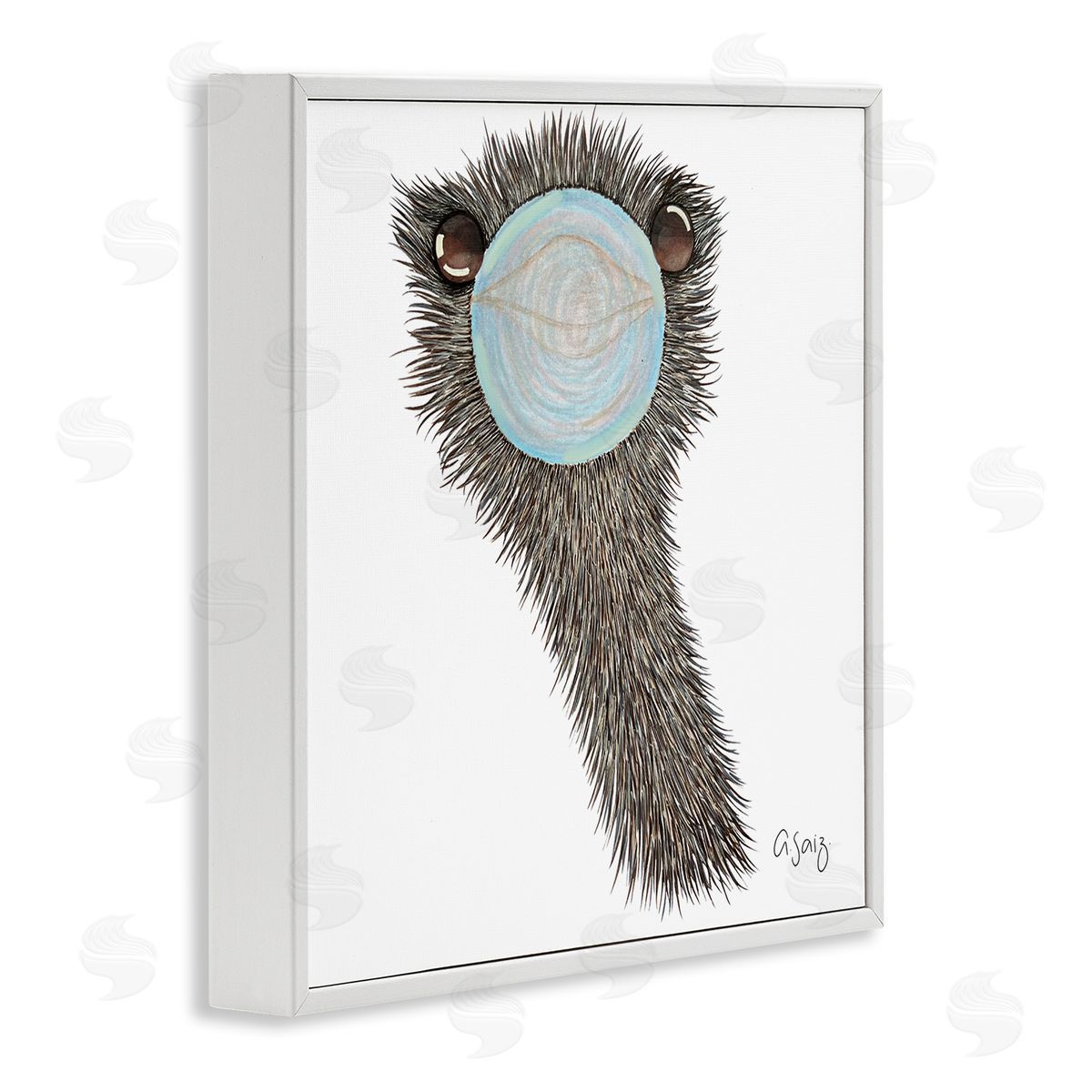 Ale Saiz Studio Funny Ostrich Blowing Bubblegum  White Framed Glicee Wall Art Print