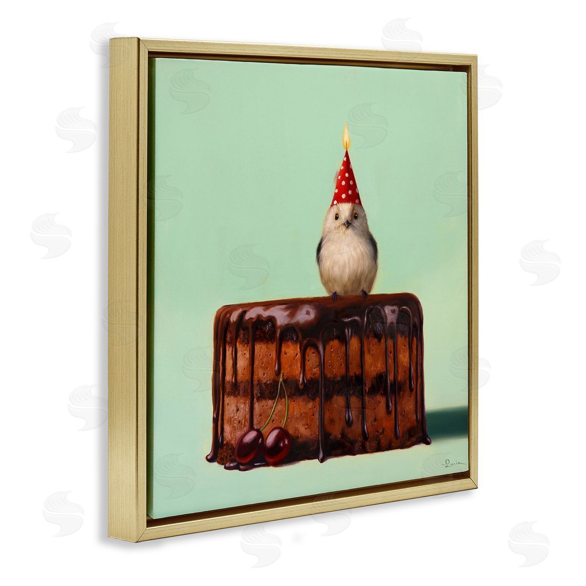 Lucia Heffernan Party Hat Bird Chocolate Cake Gold Floating Frame Canvas Wall Art Print