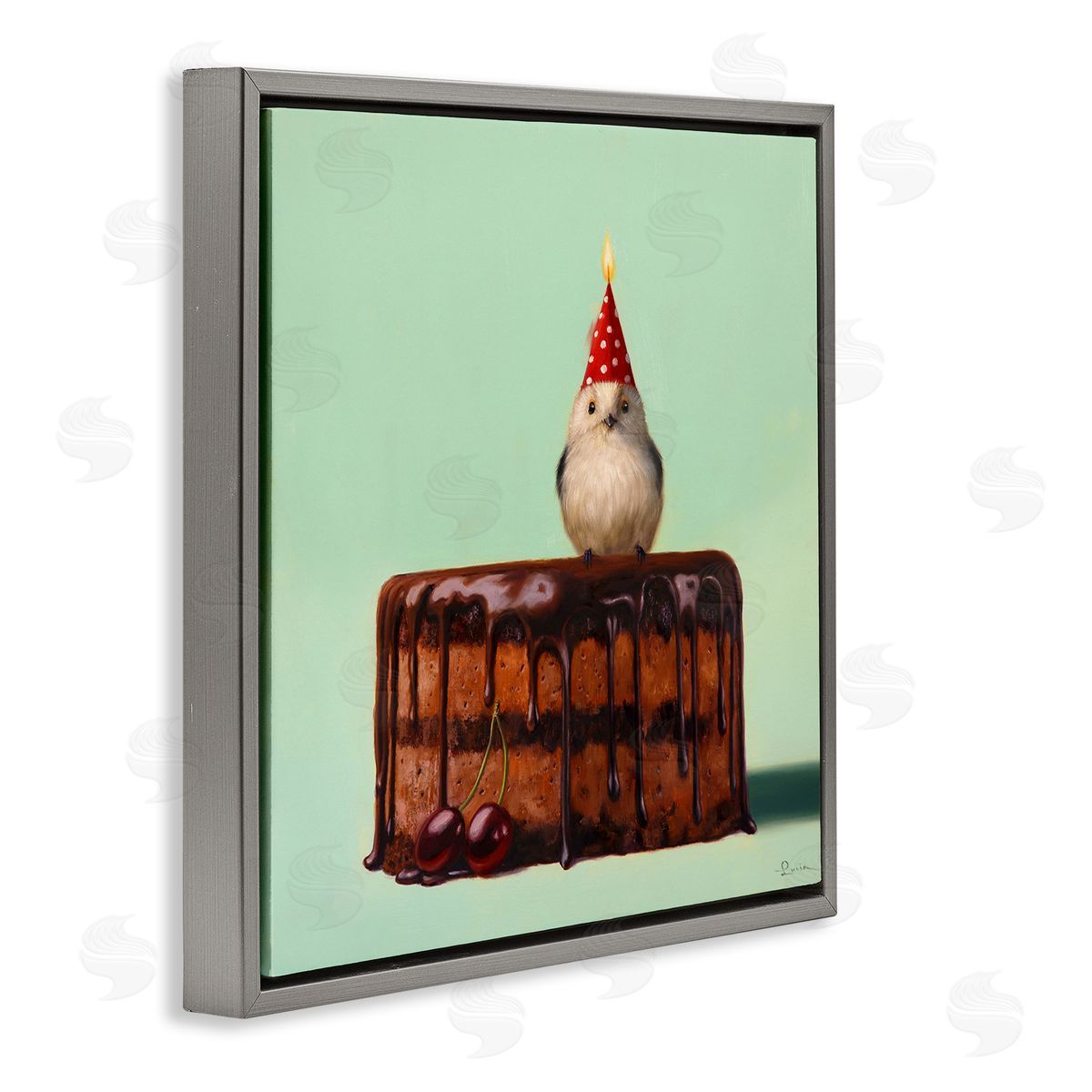 Lucia Heffernan Party Hat Bird Chocolate Cake Gray Floating Frame Canvas Wall Art Print