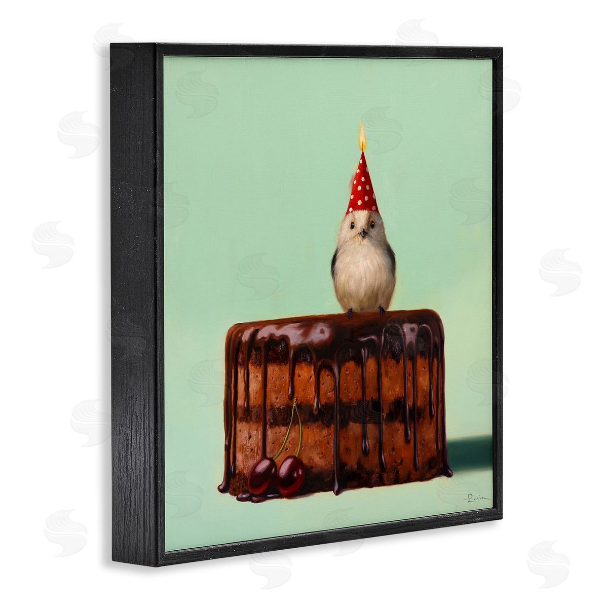Lucia Heffernan Party Hat Bird Chocolate Cake Black Framed Glicee Wall Art Print