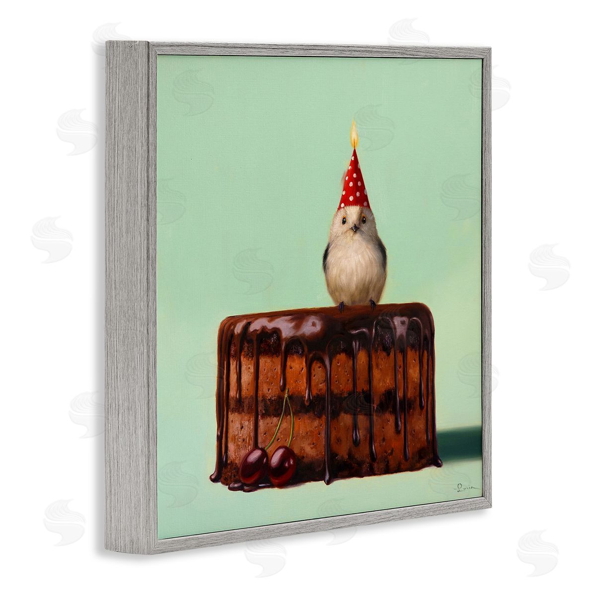 Lucia Heffernan Party Hat Bird Chocolate Cake Gray Framed Glicee Wall Art Print