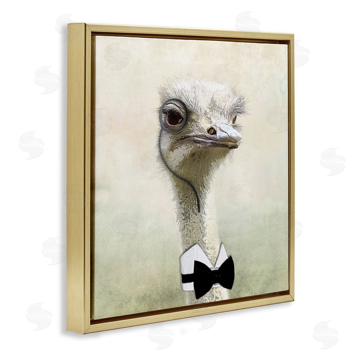 Karen Smith Stoic Ostrich Bowtie & Monocle Gold Floating Frame Canvas Wall Art Print