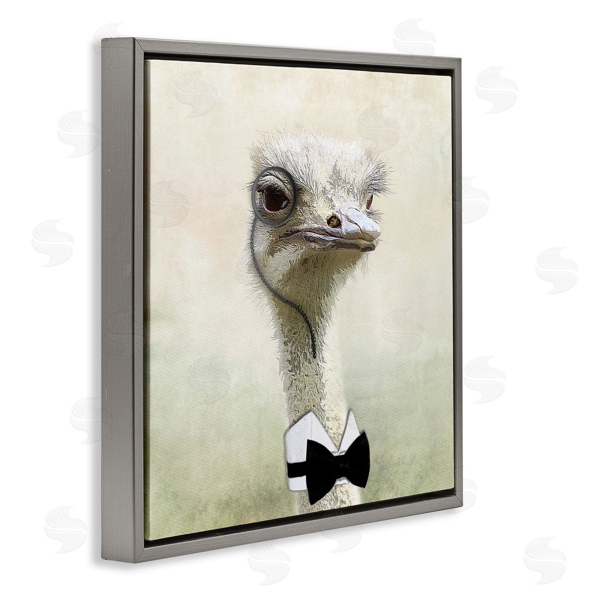 Karen Smith Stoic Ostrich Bowtie & Monocle Gray Floating Frame Canvas Wall Art Print