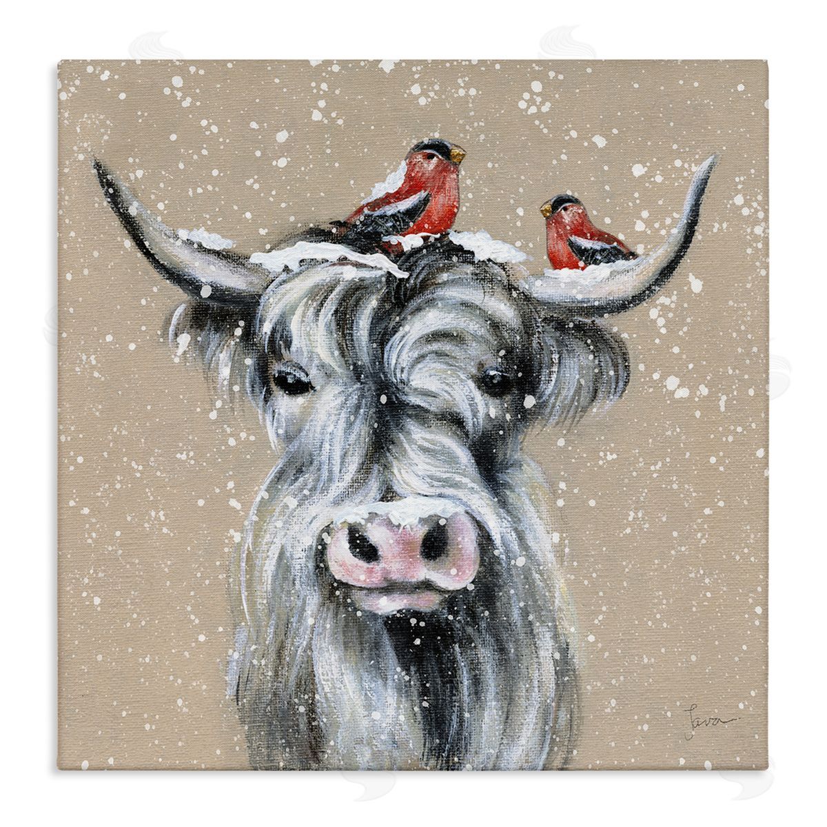 Janet Tava Snowy Cattle & Birds Farmhouse Stretched Canvas Wall Art Print