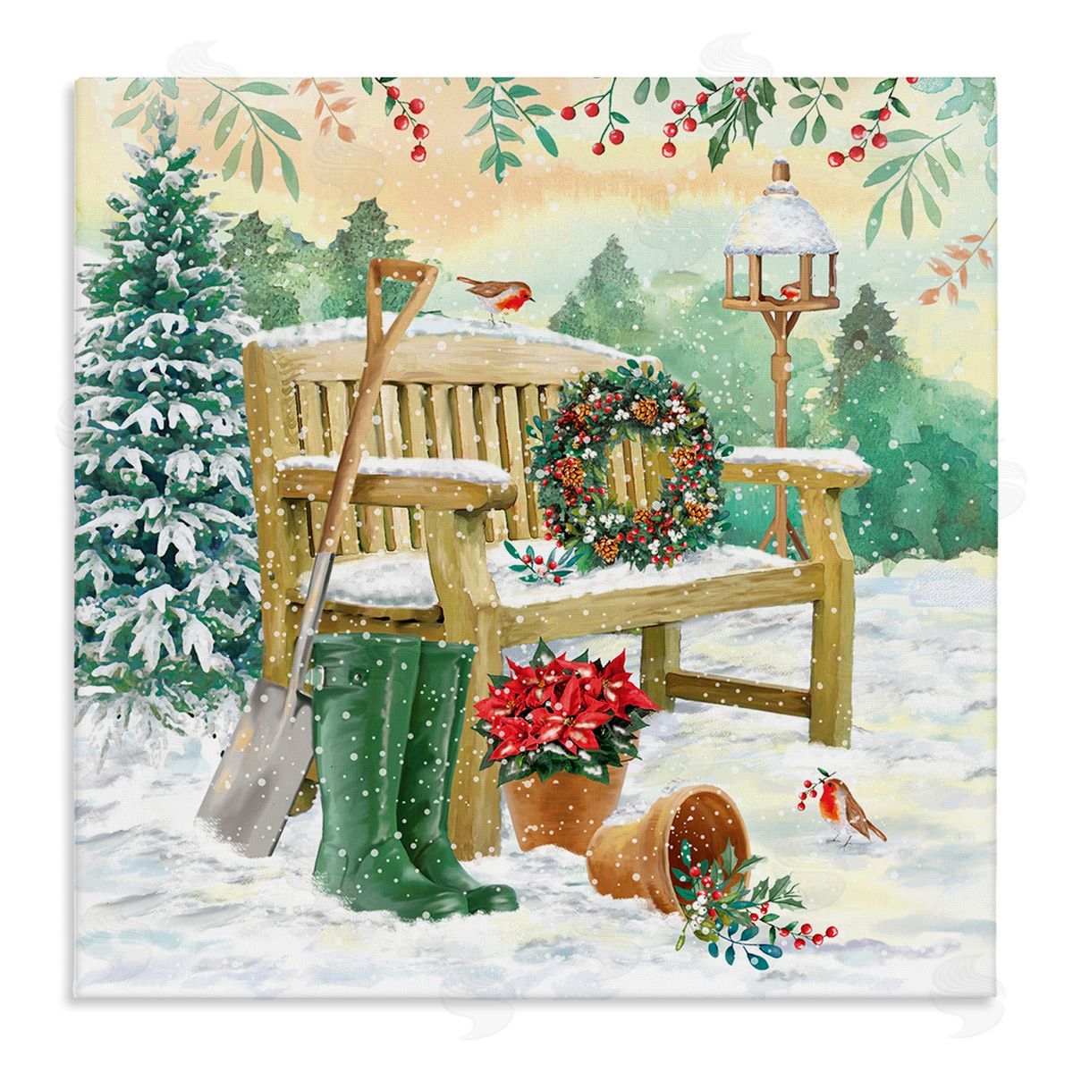 Jane Sunner Snowy Bench Seasonal Holly Plants Stretched Canvas Wall Art Print