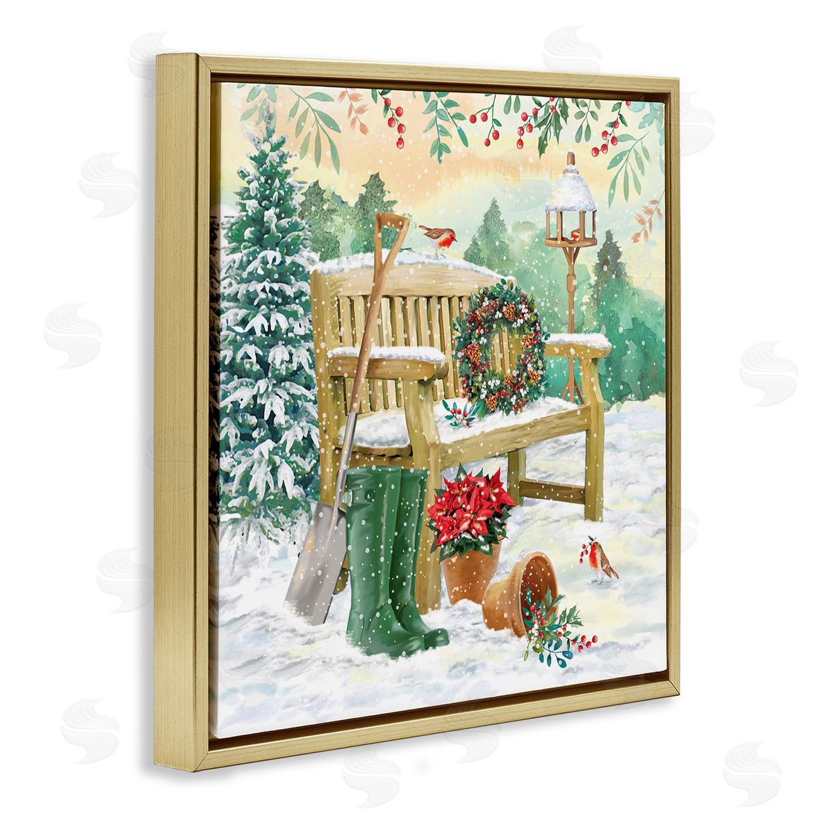 Jane Sunner Snowy Bench Seasonal Holly Plants Gold Floating Frame Canvas Wall Art Print