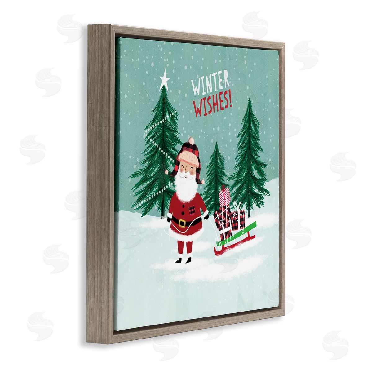 Pan Georgiou Winter Wishes Santa Claus & Sled  Brown Floating Frame Canvas Wall Art Print