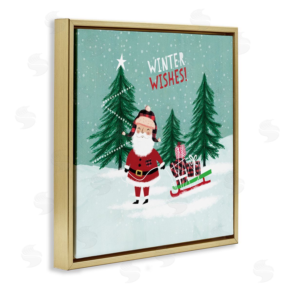 Pan Georgiou Winter Wishes Santa Claus & Sled  Gold Floating Frame Canvas Wall Art Print